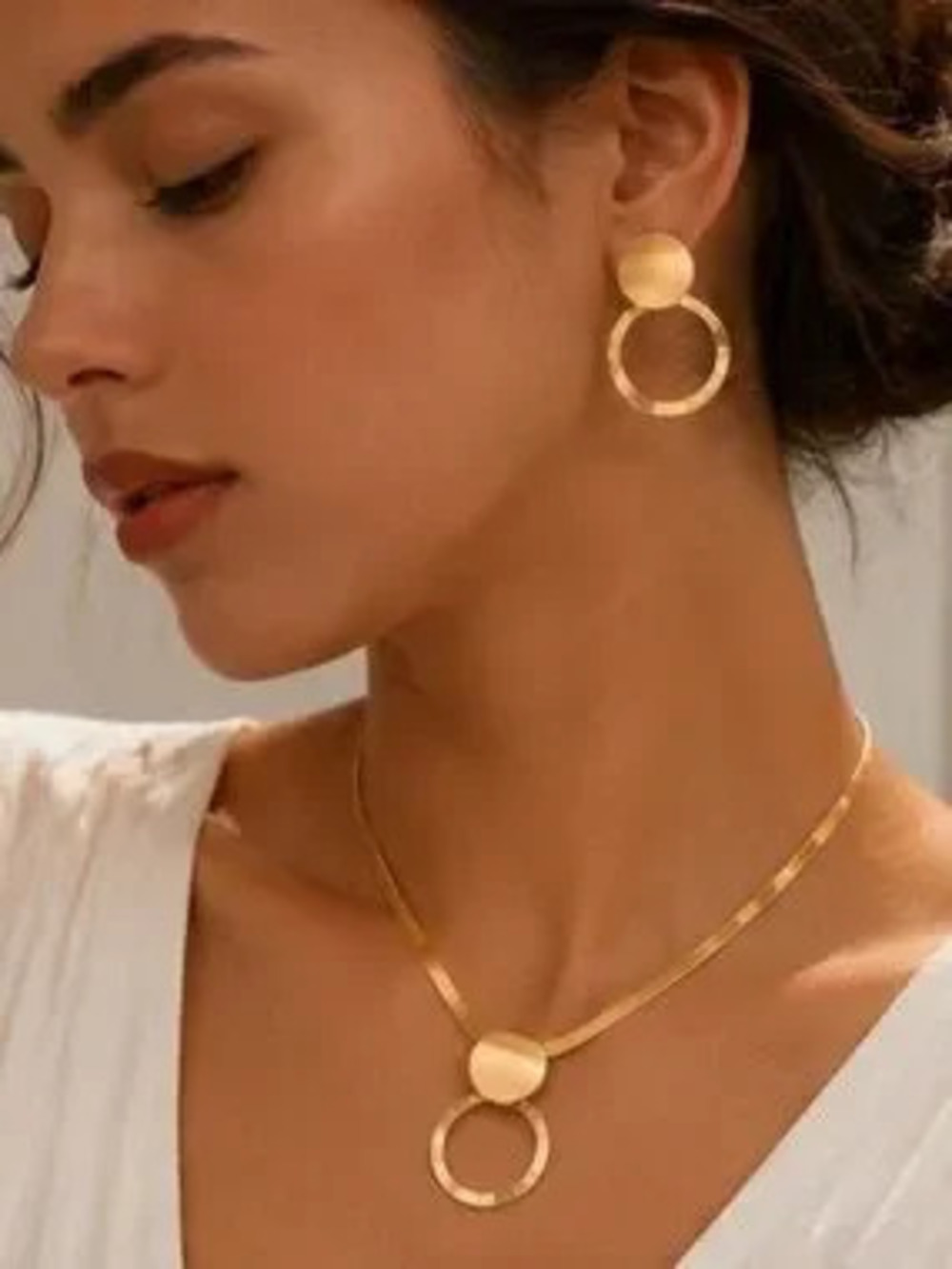 Modern Brushed Gold Circle Pendant Necklace and Matching Earrings Set